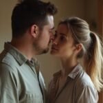 Een man en vrouw staan intiem dicht bij elkaar in een kamer