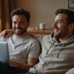 Twee mannen lachen samen op een bank in een gezellige woonkamer en genieten van homo gay sexcontact
