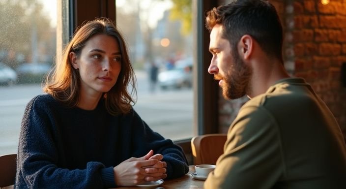 Een vrouw en een man genieten van een gesprek in een café