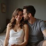 Een vrouw en man zitten intiem op een eenvoudig bed