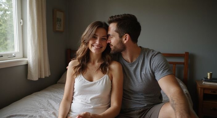 Een vrouw en man zitten intiem op een eenvoudig bed