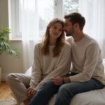 Een jong koppel zit intiem op de rand van een bed