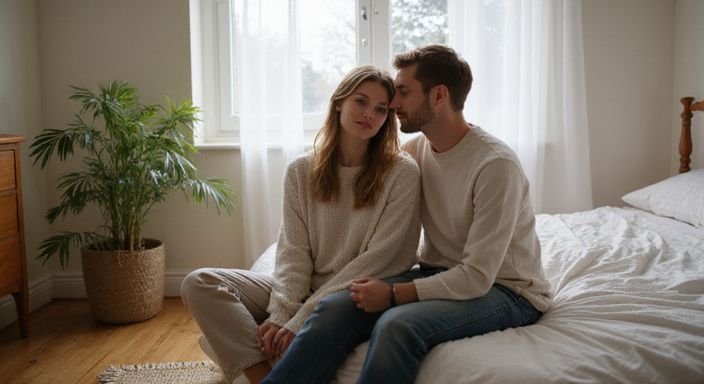 Een jong koppel zit intiem op de rand van een bed