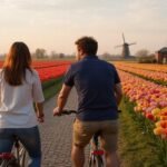 Een man en vrouw fietsen door tulpenvelden in Noord Holland