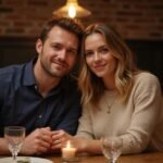 Een koppel geniet van elkaars gezelschap aan een houten tafel