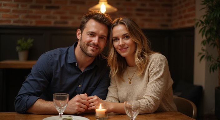 Een koppel geniet van elkaars gezelschap aan een houten tafel