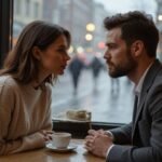 Een man en vrouw delen een intieme conversatie in een café