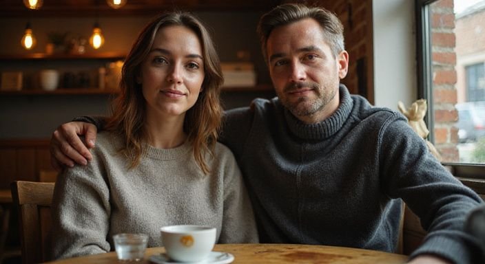 Een vrouw en man delen een intiem moment in een café tijdens een flirtdate