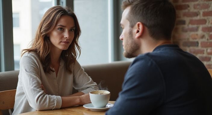 Een vrouw en een man genieten van een cougar dating in een café.