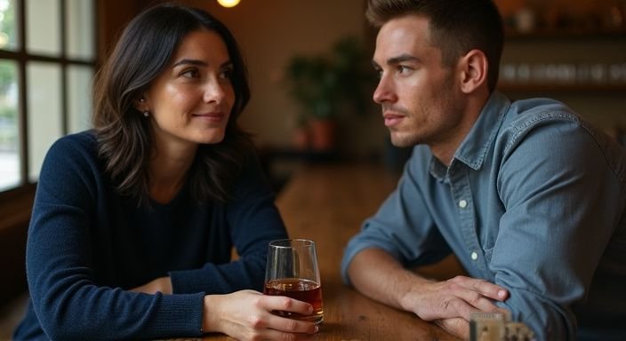 Een vrouw en man bespreken cougar dating in een gezellige bar.