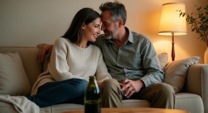 Een man en vrouw delen een intiem moment op de bank tijdens hun cougar dating.