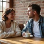 Een vrouw en een man hebben een hartelijk gesprek in een café
