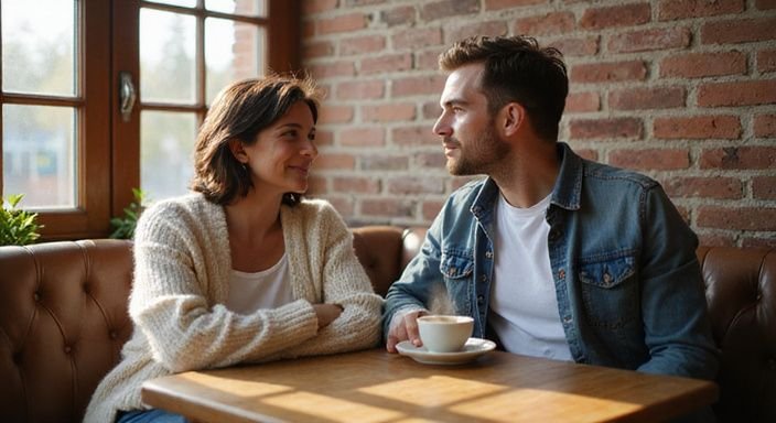 Een vrouw en een man hebben een hartelijk gesprek in een café