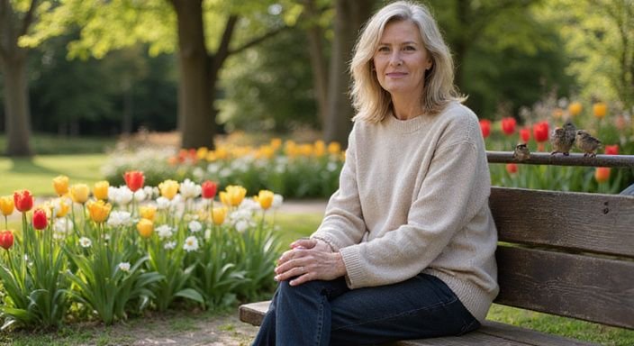 Een vrouw zit ontspannen op een bank, omringd door bloemen en wil cougar dating.