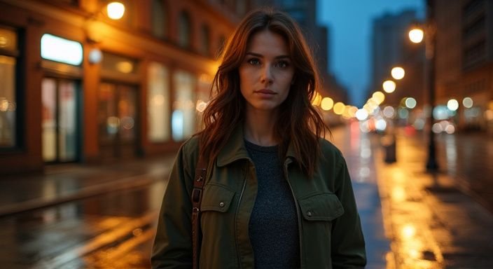 Een zelfverzekerde vrouw op een natte stadsstoep bij nacht.