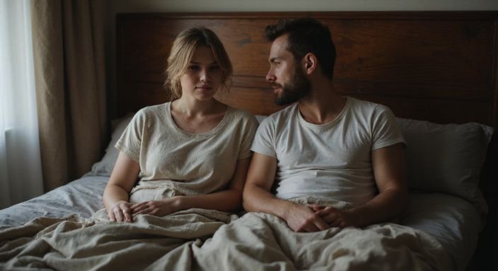 Een man en vrouw zitten in stilte op een bed